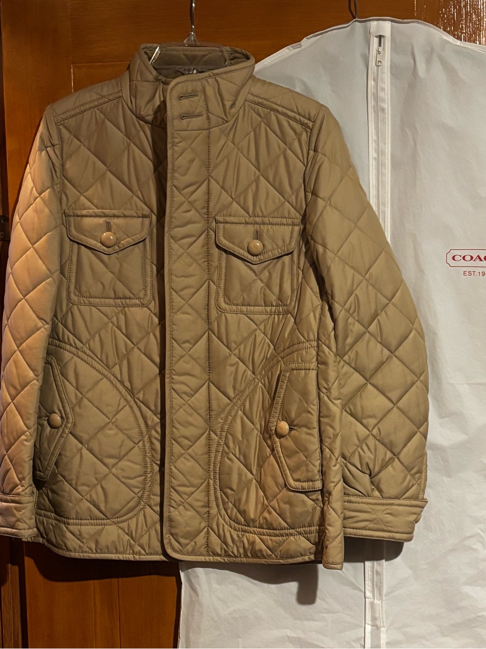 Coach Beige Quilted Jacket with Multicolor Plaid Lining